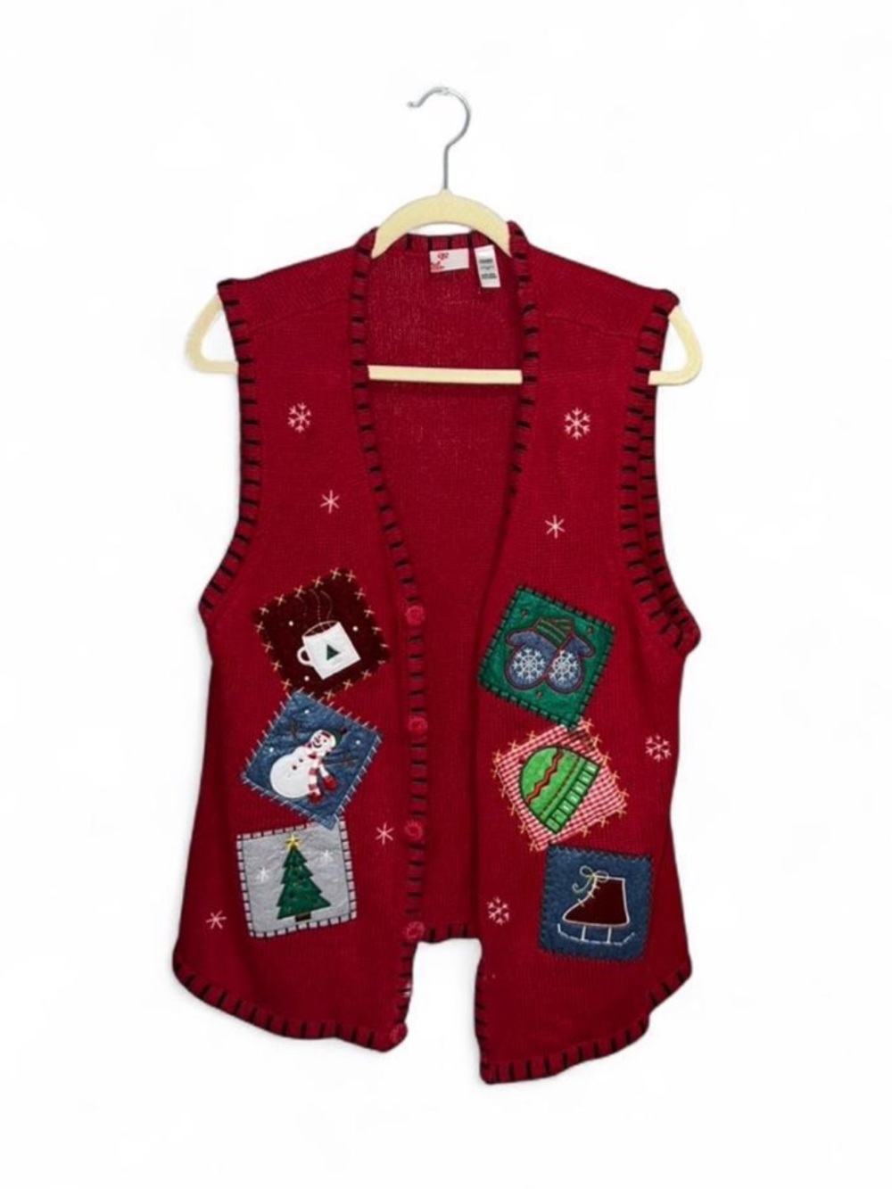 Holiday Editions Women’s Red Vintage Patched Christmas Sweater Vest Size XL